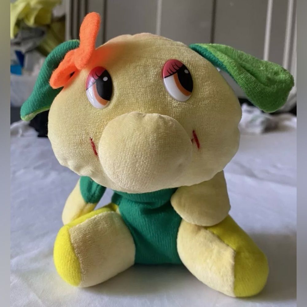 Vintage Pink Green plush Dog DAN BRECHNER cartoon toy Orange Bow